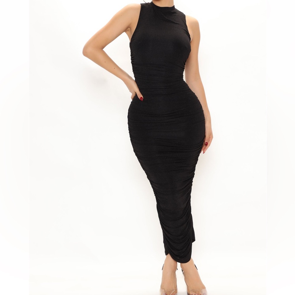 Fashion Nova Metallic Ruched Spilt Midi Dress